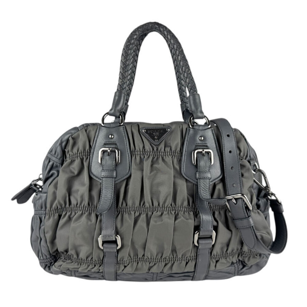 Prada tote handles braided bag Tessuto ruched satchel Gaufre leather black - Picture 2 of 4